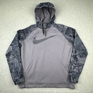 Nike Hoodie Men L Gray Blue Dri-Fit Sweatshirt Center Swoosh Graffiti 932005-011